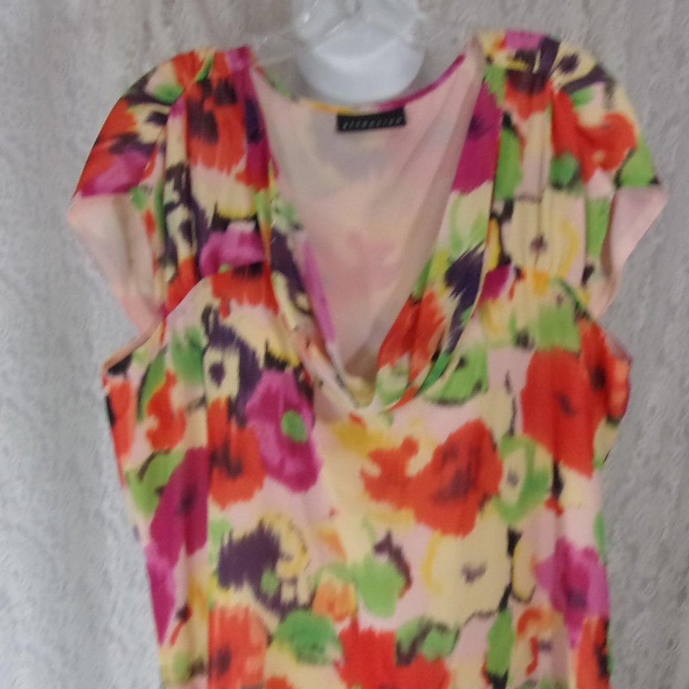 Attention Multi Floral Top Blouse Orange Green Yellow NWOT Size L